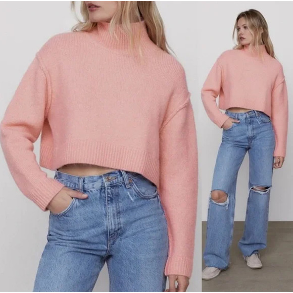 ZARA Cropped Turtleneck Sweater Alpaca Wool Blend Fuzzy Chunky Knit, Pink - Picture 13 of 13